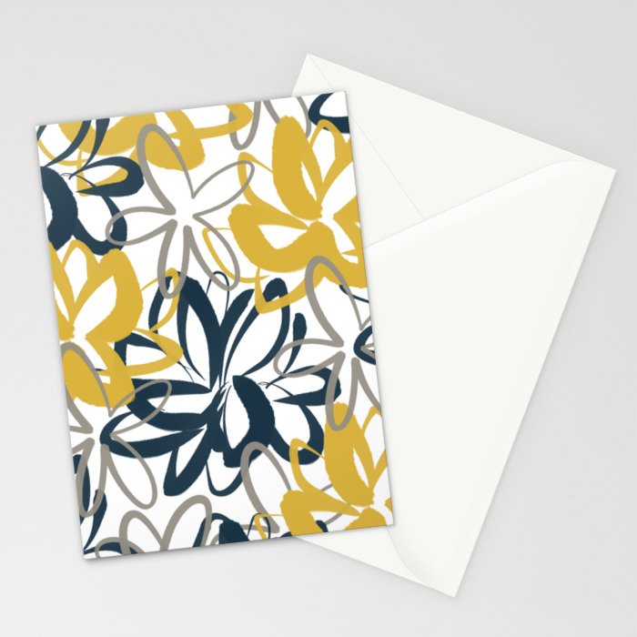 Lotus Garden Painted Floral Pattern in Light Mustard Yellow, Navy Blue, and Gray on White Stationery Card Gallery Image 2
