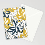 Lotus Garden Painted Floral Pattern in Light Mustard Yellow, Navy Blue, and Gray on White Stationery Card Gallery Image 2
