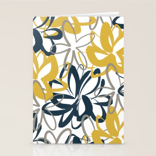 Lotus Garden Painted Floral Pattern in Light Mustard Yellow, Navy Blue, and Gray on White Stationery Card Gallery Image 2
