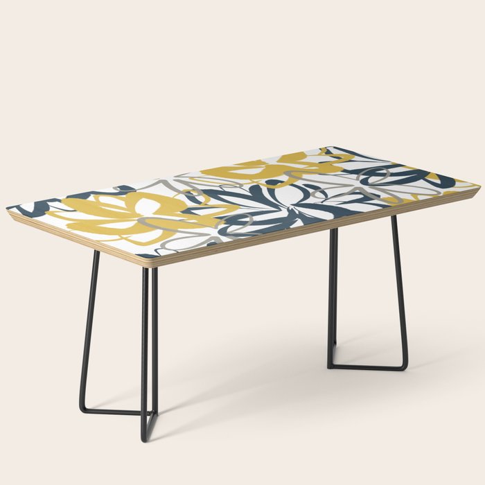 Lotus Garden Painted Floral Pattern in Light Mustard Yellow, Navy Blue, and Gray on White Coffee Table Gallery Image 1