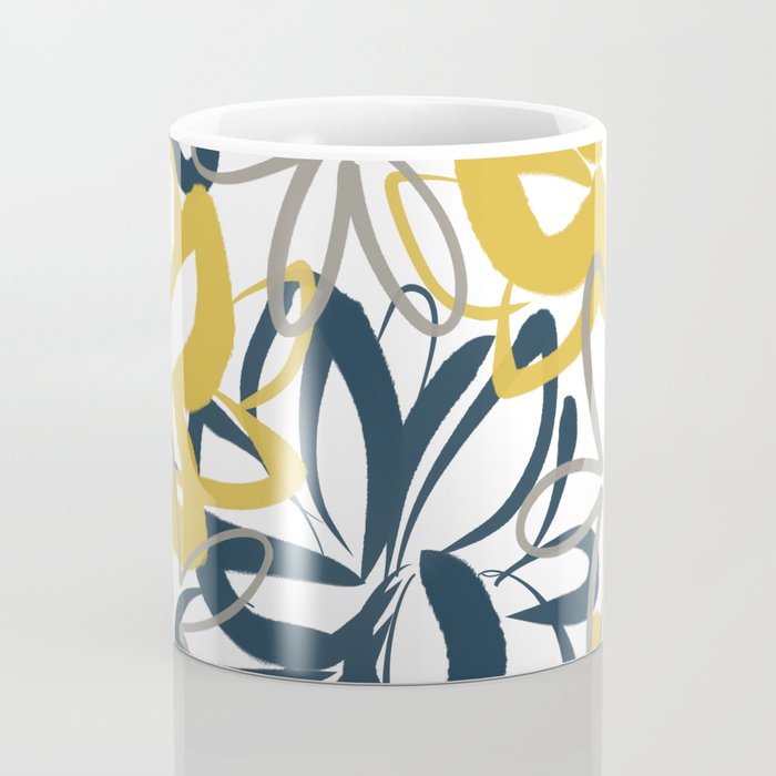 Lotus Garden Painted Floral Pattern in Light Mustard Yellow, Navy Blue, and Gray on White Coffee Mug Gallery Image 4