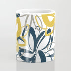 Lotus Garden Painted Floral Pattern in Light Mustard Yellow, Navy Blue, and Gray on White Coffee Mug Gallery Image 4