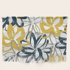 Lotus Garden Painted Floral Pattern in Light Mustard Yellow, Navy Blue, and Gray on White Wall Hanging Gallery Image 1