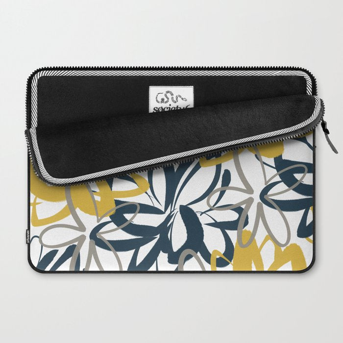 Lotus Garden Painted Floral Pattern in Light Mustard Yellow, Navy Blue, and Gray on White Laptop Sleeve Gallery Image 2