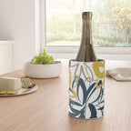 Lotus Garden Painted Floral Pattern in Light Mustard Yellow, Navy Blue, and Gray on White Wine Chiller Gallery Image 4