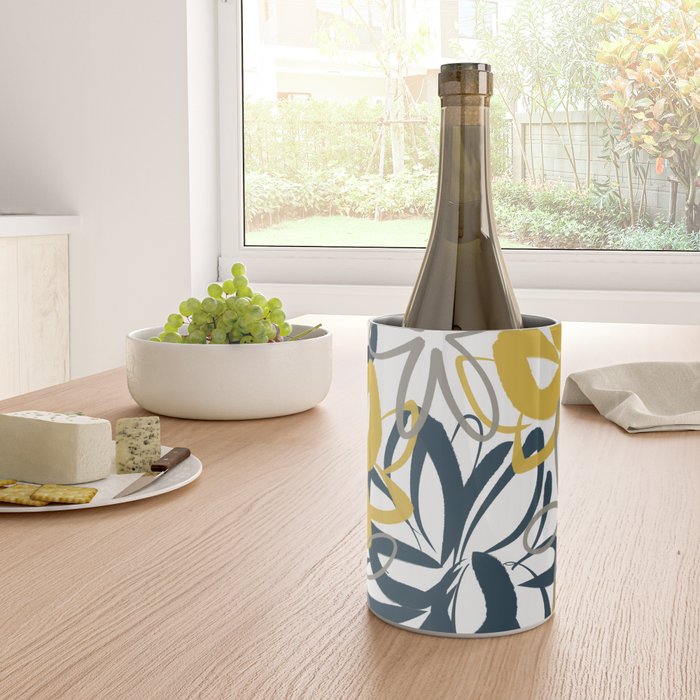 Lotus Garden Painted Floral Pattern in Light Mustard Yellow, Navy Blue, and Gray on White Wine Chiller Gallery Image 4