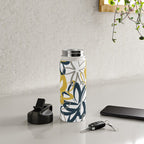 Lotus Garden Painted Floral Pattern in Light Mustard Yellow, Navy Blue, and Gray on White Water Bottle Gallery Image 4