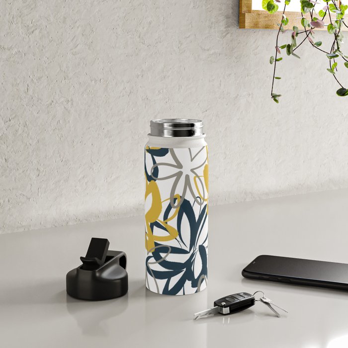 Lotus Garden Painted Floral Pattern in Light Mustard Yellow, Navy Blue, and Gray on White Water Bottle Gallery Image 4