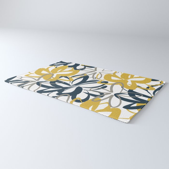 Lotus Garden Painted Floral Pattern in Light Mustard Yellow, Navy Blue, and Gray on White Rug Gallery Image 3