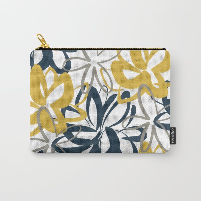 Lotus Garden Painted Floral Pattern in Light Mustard Yellow, Navy Blue, and Gray on White Carry All Pouch Gallery Image 1
