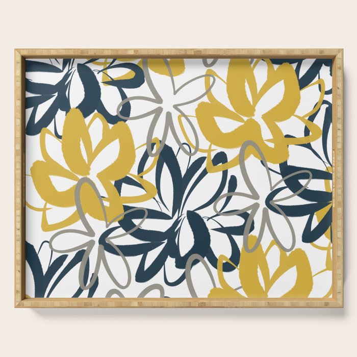Lotus Garden Painted Floral Pattern in Light Mustard Yellow, Navy Blue, and Gray on White Serving Tray Gallery Image 1