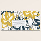 Lotus Garden Painted Floral Pattern in Light Mustard Yellow, Navy Blue, and Gray on White Desk Mat Gallery Image 1