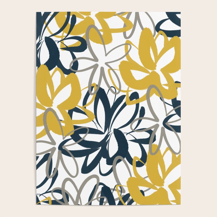 Lotus Garden Painted Floral Pattern in Light Mustard Yellow, Navy Blue, and Gray on White Poster Gallery Image 4