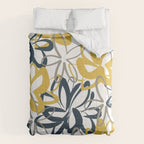 Lotus Garden Painted Floral Pattern in Light Mustard Yellow, Navy Blue, and Gray on White Comforter Gallery Image 6