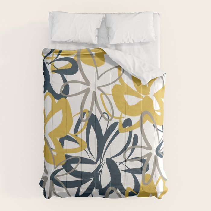 Lotus Garden Painted Floral Pattern in Light Mustard Yellow, Navy Blue, and Gray on White Comforter Gallery Image 6