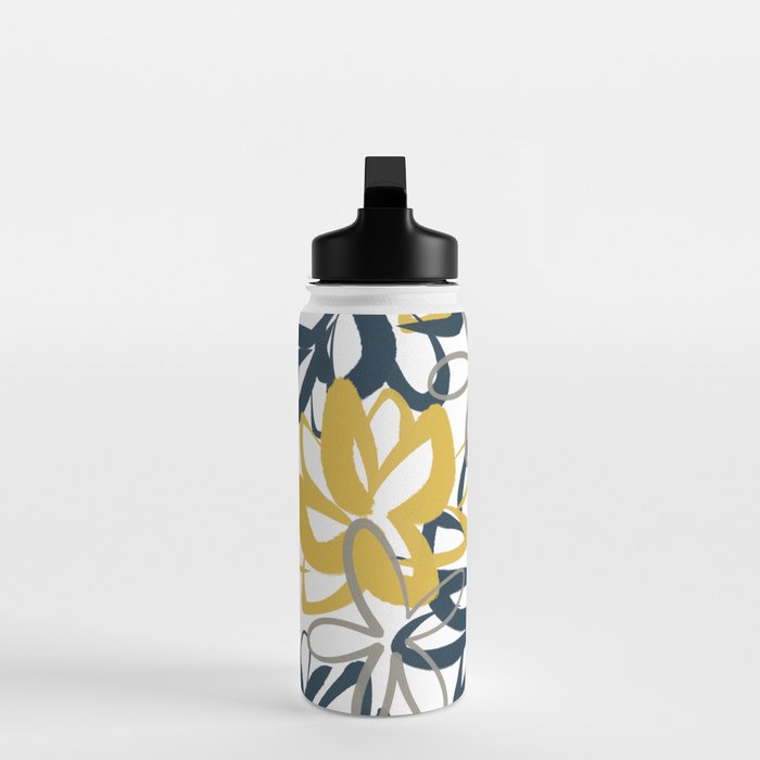 Lotus Garden Painted Floral Pattern in Light Mustard Yellow, Navy Blue, and Gray on White Water Bottle Gallery Image 3