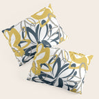 Lotus Garden Painted Floral Pattern in Light Mustard Yellow, Navy Blue, and Gray on White Pillow Sham Gallery Image 3