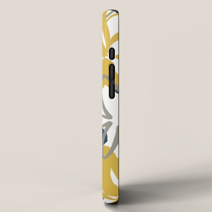 Lotus Garden Painted Floral Pattern in Light Mustard Yellow, Navy Blue, and Gray on White iPhone Case Gallery Image 2