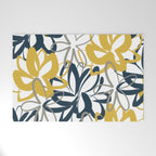 Lotus Garden Painted Floral Pattern in Light Mustard Yellow, Navy Blue, and Gray on White Welcome Mat Gallery Image 1