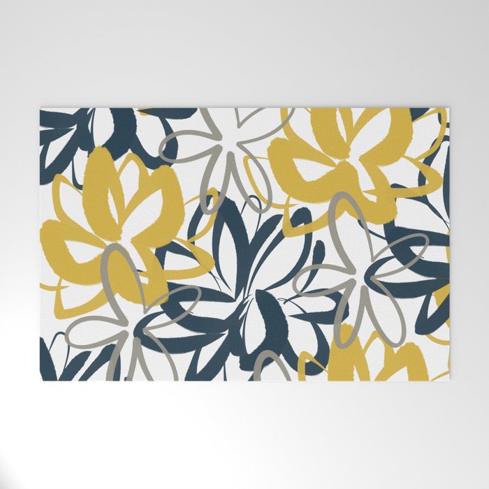 Lotus Garden Painted Floral Pattern in Light Mustard Yellow, Navy Blue, and Gray on White Welcome Mat Gallery Image 1