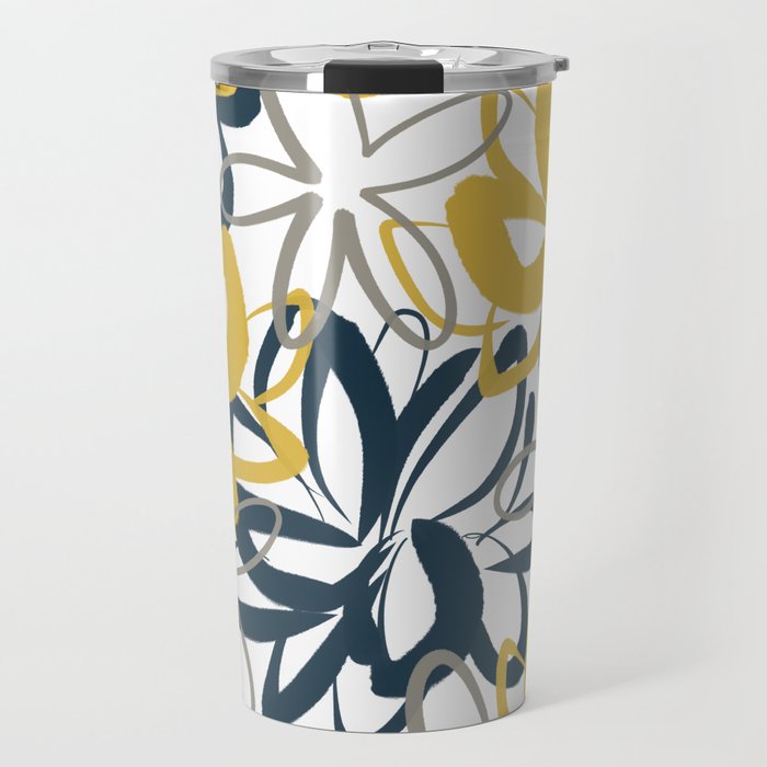 Lotus Garden Painted Floral Pattern in Light Mustard Yellow, Navy Blue, and Gray on White Travel Mug Gallery Image 1