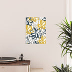 Lotus Garden Painted Floral Pattern in Light Mustard Yellow, Navy Blue, and Gray on White Poster Gallery Image 2