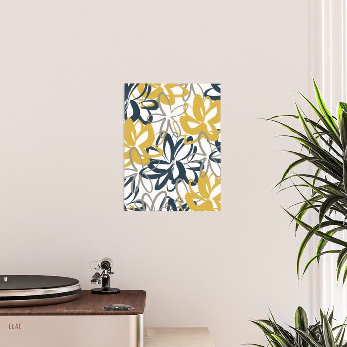 Lotus Garden Painted Floral Pattern in Light Mustard Yellow, Navy Blue, and Gray on White Poster Gallery Image 2