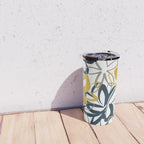 Lotus Garden Painted Floral Pattern in Light Mustard Yellow, Navy Blue, and Gray on White Travel Mug Gallery Image 4
