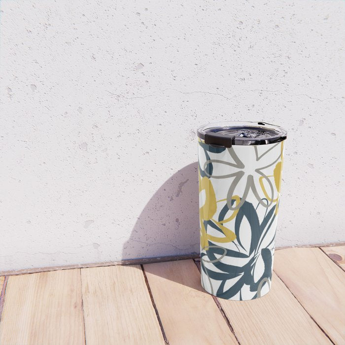 Lotus Garden Painted Floral Pattern in Light Mustard Yellow, Navy Blue, and Gray on White Travel Mug Gallery Image 4