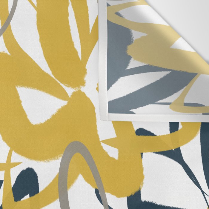 Lotus Garden Painted Floral Pattern in Light Mustard Yellow, Navy Blue, and Gray on White Wall Tapestry Gallery Image 3