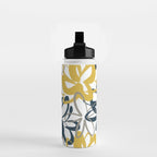 Lotus Garden Painted Floral Pattern in Light Mustard Yellow, Navy Blue, and Gray on White Water Bottle Gallery Image 2