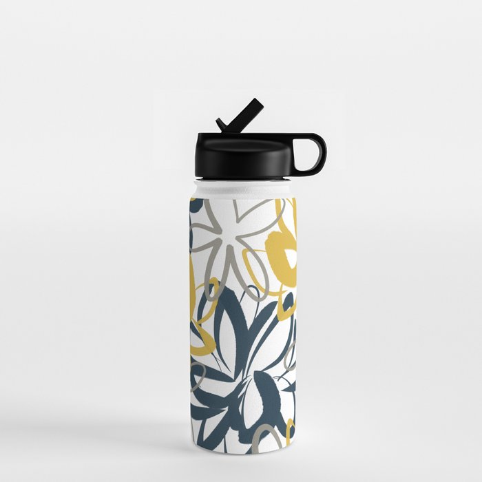 Lotus Garden Painted Floral Pattern in Light Mustard Yellow, Navy Blue, and Gray on White Water Bottle Gallery Image 1