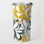 Lotus Garden Painted Floral Pattern in Light Mustard Yellow, Navy Blue, and Gray on White Travel Mug Gallery Image 2