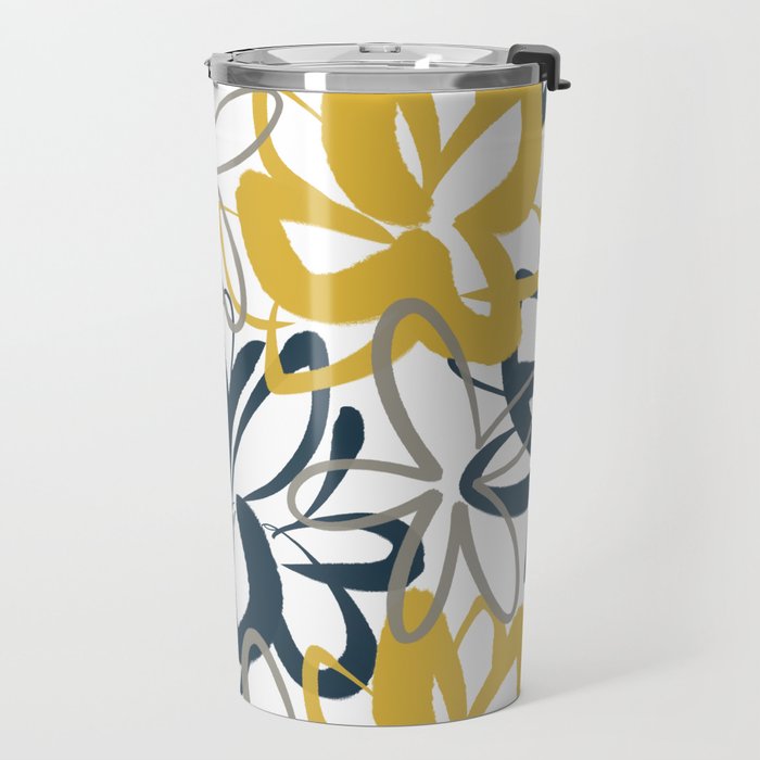 Lotus Garden Painted Floral Pattern in Light Mustard Yellow, Navy Blue, and Gray on White Travel Mug Gallery Image 2