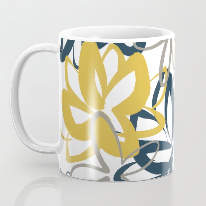 Lotus Garden Painted Floral Pattern in Light Mustard Yellow, Navy Blue, and Gray on White Coffee Mug Gallery Image 3