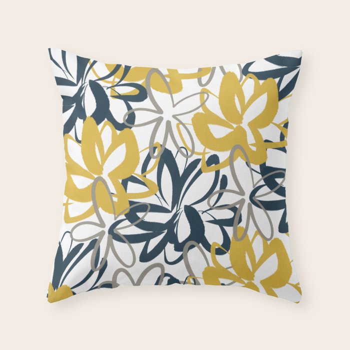 Lotus Garden Painted Floral Pattern in Light Mustard Yellow, Navy Blue, and Gray on White Throw Pillow Gallery Image 6