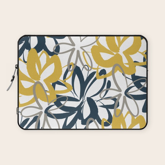 Lotus Garden Painted Floral Pattern in Light Mustard Yellow, Navy Blue, and Gray on White Laptop Sleeve Gallery Image 1