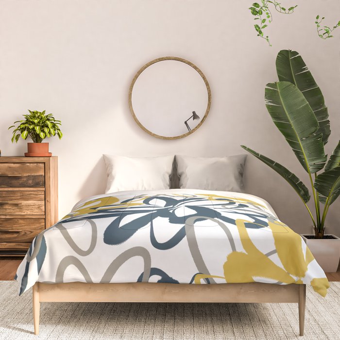 Lotus Garden Painted Floral Pattern in Light Mustard Yellow, Navy Blue, and Gray on White Comforter Gallery Image 3