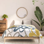 Lotus Garden Painted Floral Pattern in Light Mustard Yellow, Navy Blue, and Gray on White Comforter Gallery Image 3