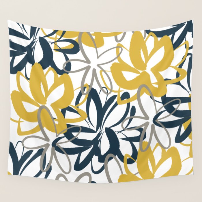 Lotus Garden Painted Floral Pattern in Light Mustard Yellow, Navy Blue, and Gray on White Wall Tapestry Gallery Image 4