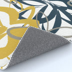 Lotus Garden Painted Floral Pattern in Light Mustard Yellow, Navy Blue, and Gray on White Rug Gallery Image 4