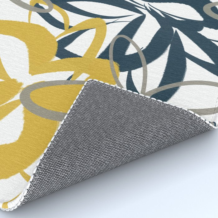 Lotus Garden Painted Floral Pattern in Light Mustard Yellow, Navy Blue, and Gray on White Rug Gallery Image 4