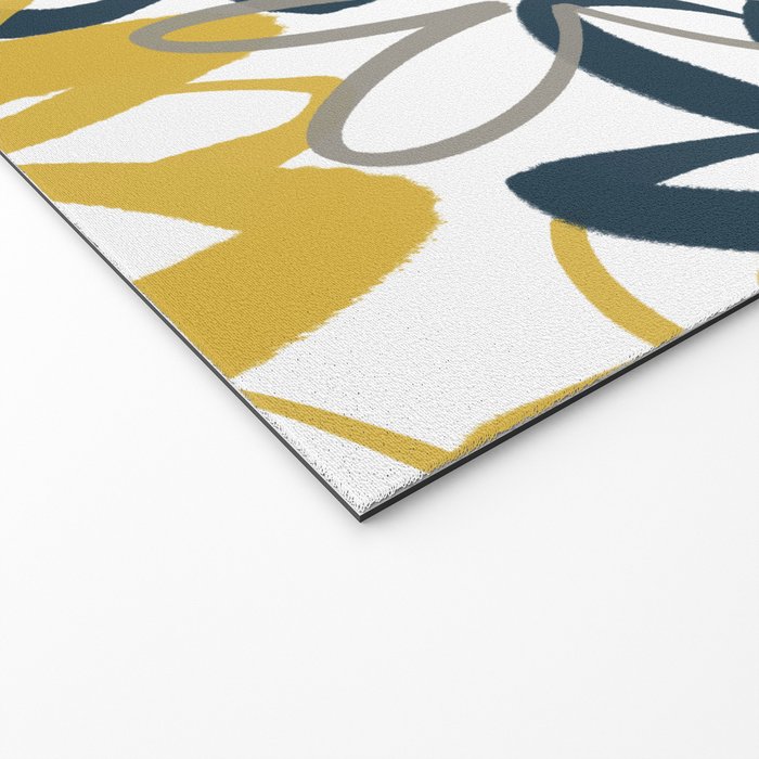 Lotus Garden Painted Floral Pattern in Light Mustard Yellow, Navy Blue, and Gray on White Welcome Mat Gallery Image 2