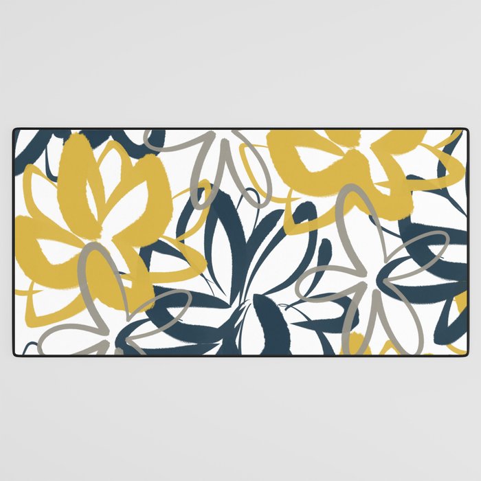 Lotus Garden Painted Floral Pattern in Light Mustard Yellow, Navy Blue, and Gray on White Desk Mat Gallery Image 3