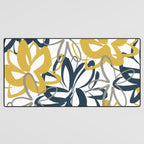 Lotus Garden Painted Floral Pattern in Light Mustard Yellow, Navy Blue, and Gray on White Desk Mat Gallery Image 3