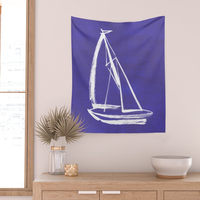 Sailboat Drawing - Indigo Blue Wall Tapestry Gallery Image 2