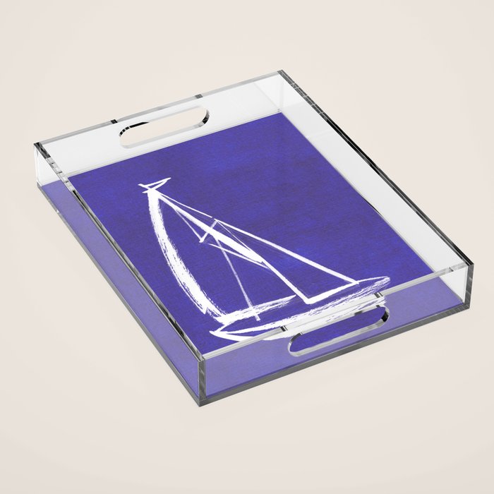 Sailboat Drawing - Indigo Blue Acrylic Tray Gallery Image 1