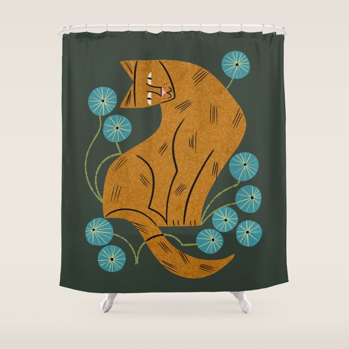 Playful Tabby and Blue Flowers Shower Curtain Gallery Image 1