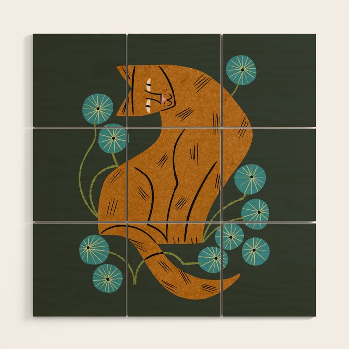 Playful Tabby and Blue Flowers Wood Wall Art Gallery Image 1