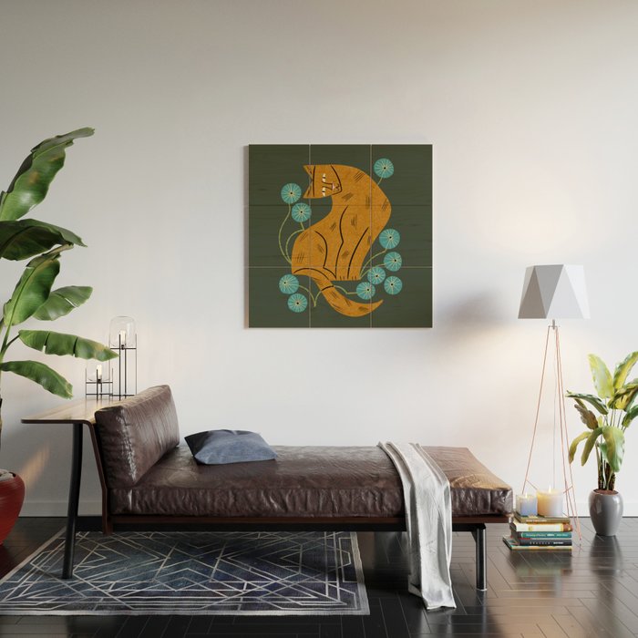 Playful Tabby and Blue Flowers Wood Wall Art Gallery Image 2